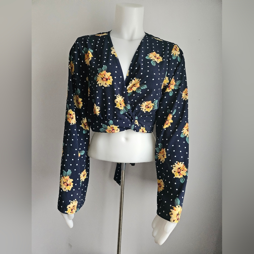Topshop Navy Floral Wrap Blouse